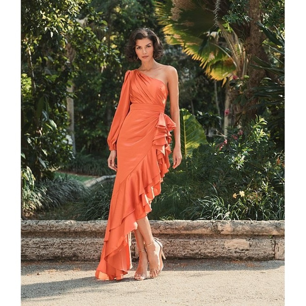 Mac Duggal Ruffle One Shoulder Long Blouson Sleeve Ruched Gown Orange Sz 0 New